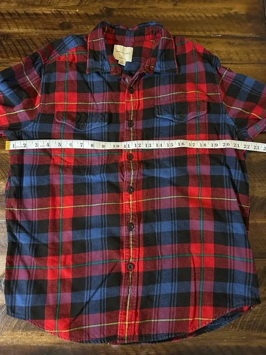 American Eagle Plaid Flannel Shirt Womens Large Red Blue Button Front - Picture 5 of 9